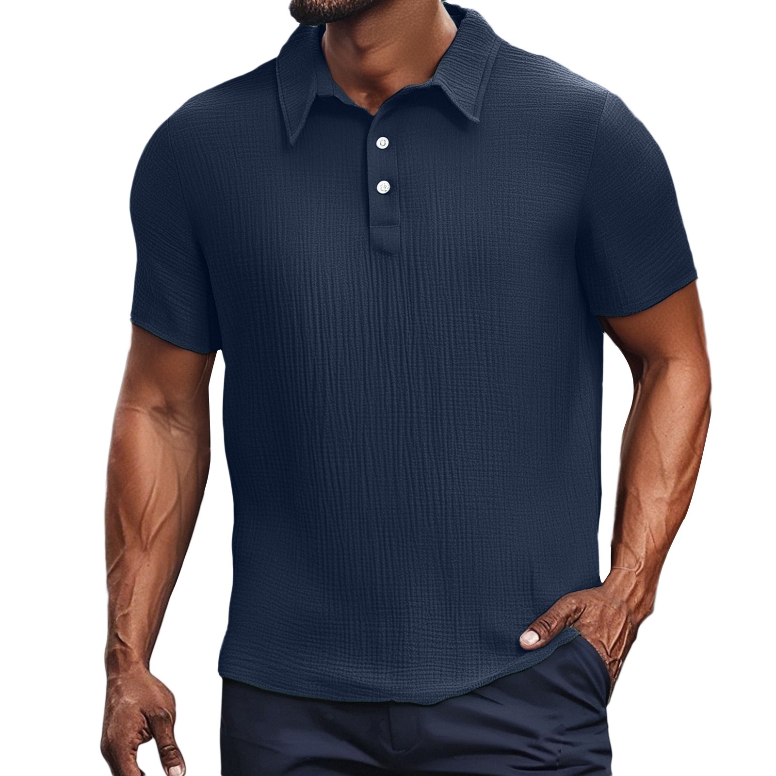 thumbnail image 2 of Camisa informal para hombre: corte holgado de verano, color liso, cuello vuelto, tejido transpirable, fácil cuidado para el uso diario., 2 of 4